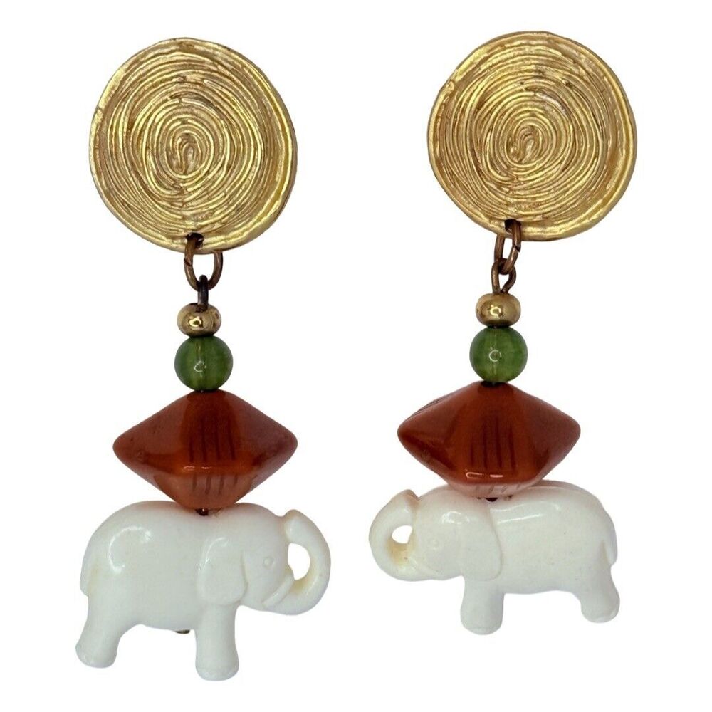 Vintage Gold-Tone Elephant Dangle Earrings 2.5" Beaded Statement Jewelry, Unique